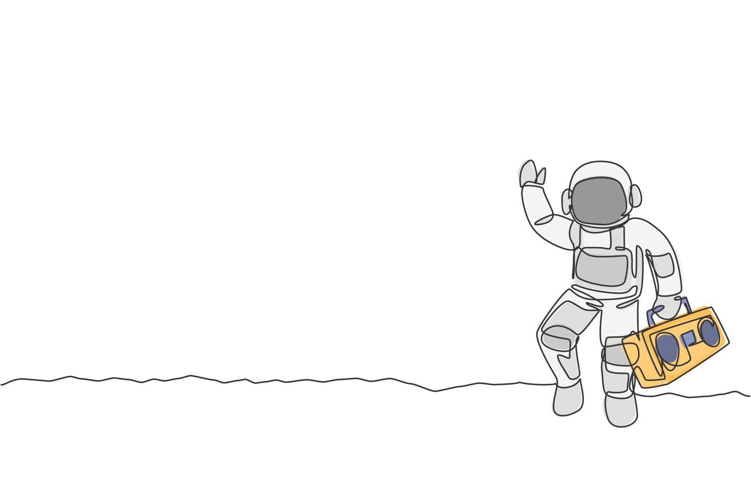 dibujo de línea continua única de astronauta caminando y sosteniendo una radio retro con la mano en la superficie de la luna. concepto de concierto de música del espacio exterior. Ilustración de vector de diseño gráfico de dibujo de una línea de moda