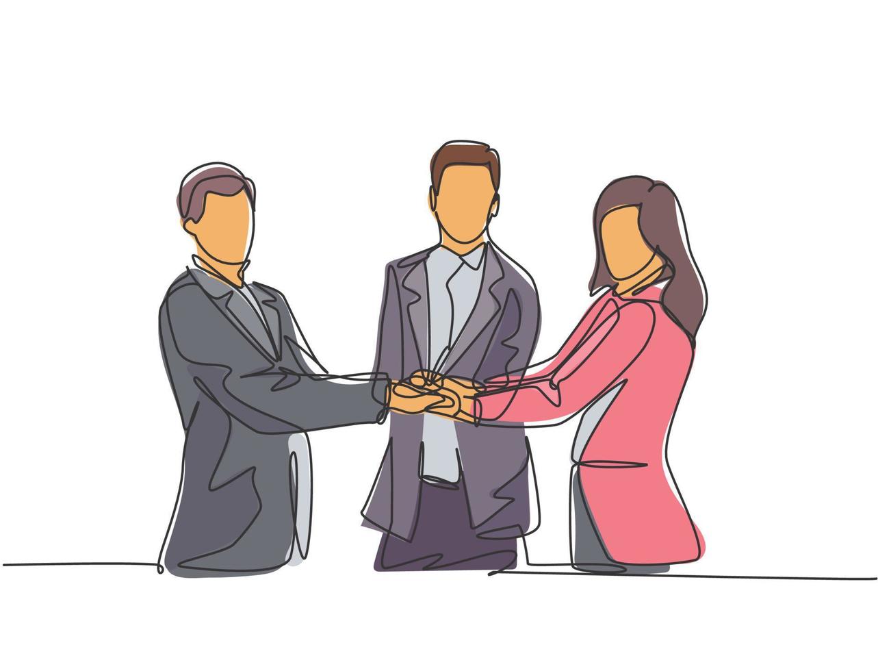 Single line drawing of businessmen and business women handshaking each other. Great teamwork commitment. Business deal concept with continuous line draw style graphic vector illustration