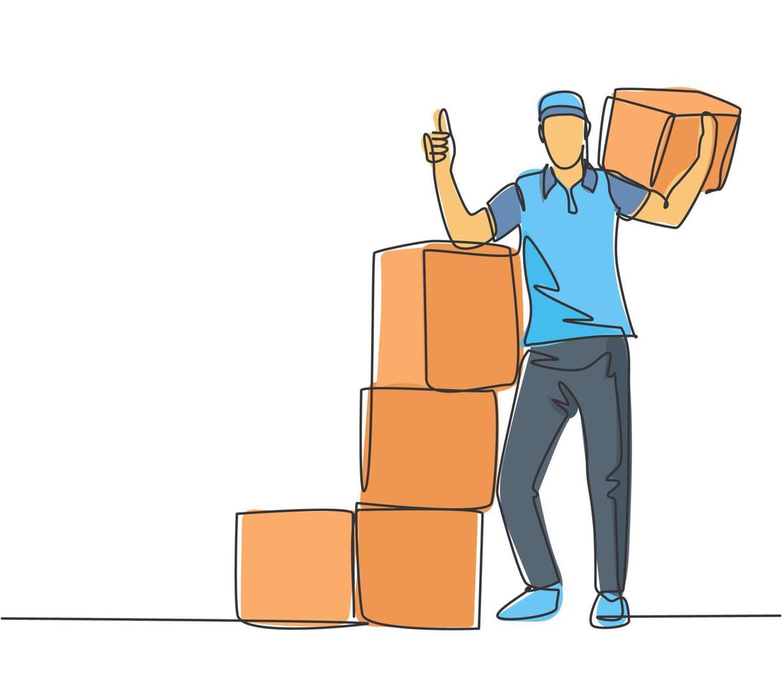 One line drawing of young delivery man gives thumbs up gesture while lift up and deliver carton box packages to customer. Delivery service concept. Continuous line draw design vector illustration