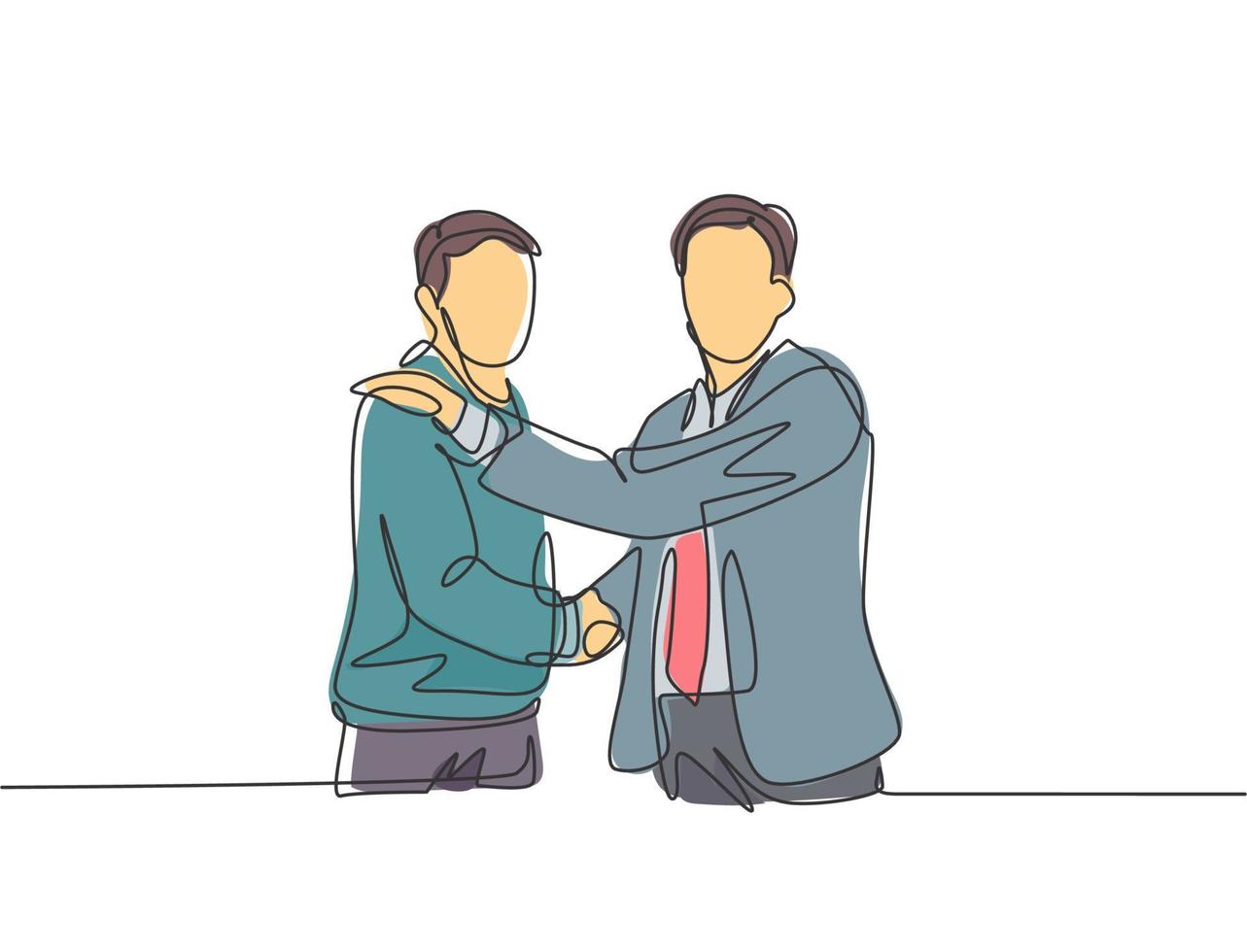 Single line drawing of businessmen handshaking his business partner after getting big project. Great teamwork. Business deal concept with continuous line draw style vector graphic illustration