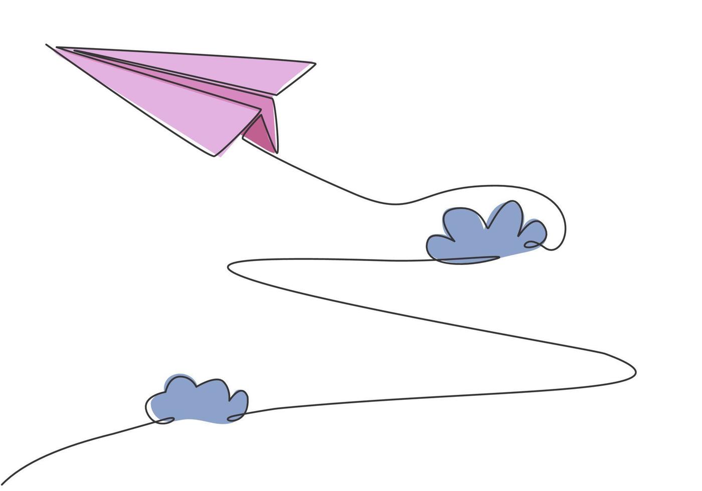 Single continuous line drawing of paper plane flying high through the clouds on white background. Paper origami kids toy. Minimalism concept dynamic one line draw graphic design vector illustration