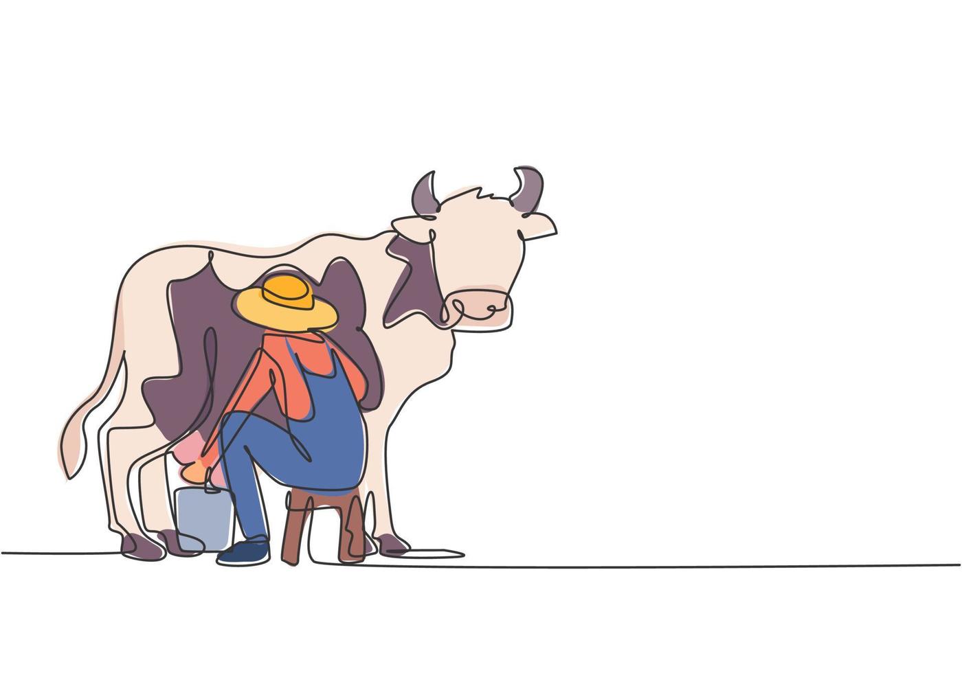 dibujo de línea continua única joven agricultor ordeñando una vaca con la forma tradicional. un concepto de minimalismo de actividad de cosecha exitosa. Ilustración de vector de diseño gráfico de dibujo dinámico de una línea.
