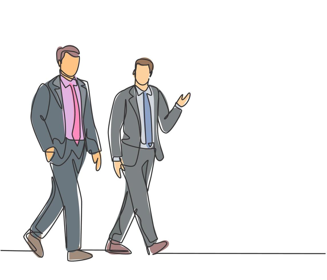 One single line drawing of young businessmen walking together colleague on city street discussing work to go to the office. Urban commuter workers concept. Continuous line draw design illustration vector
