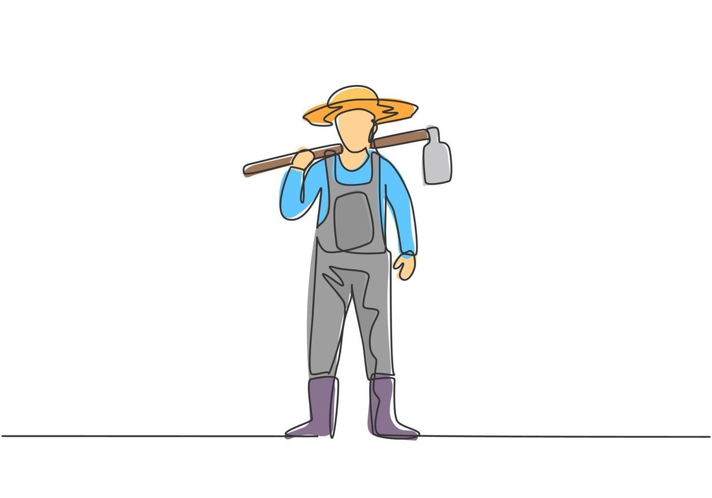 Un solo dibujo de una línea de un joven agricultor con azadas sobre sus hombros y listo para ir a la granja. concepto minimalista de desafío agrícola. Ilustración de vector gráfico de diseño de dibujo de línea continua moderna