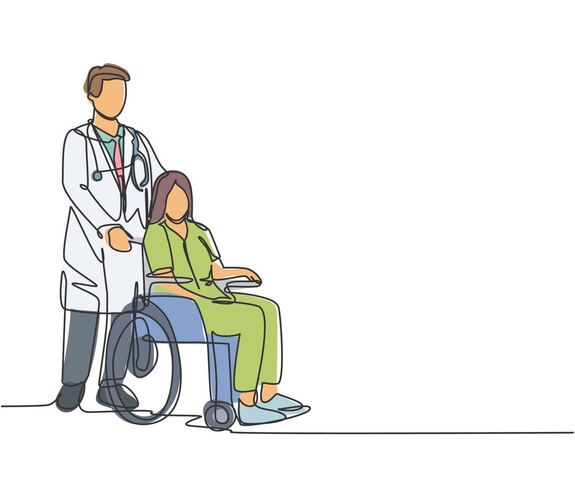 One line drawing of young doctor visiting and handshaking the old patient with wheelchair in hospital. Healthcare concept. Continuous line drawing vector illustration