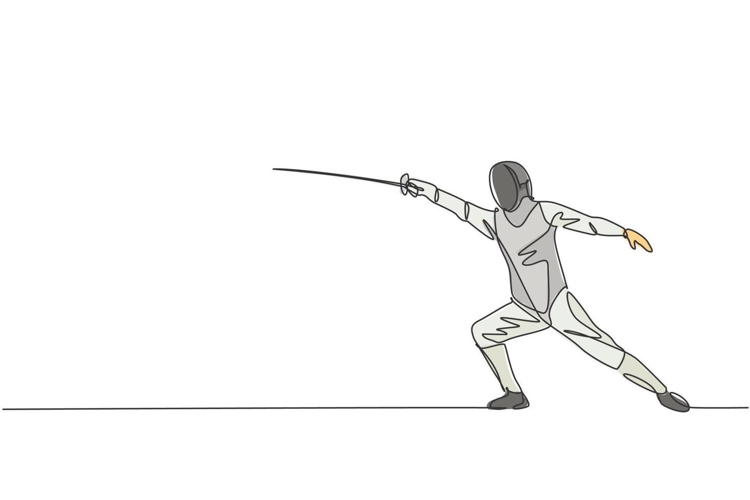 Single continuous line drawing of young professional fencer athlete man in fencing mask and rapier. Competitive fighting sport competition concept. Trendy one line draw design vector illustration