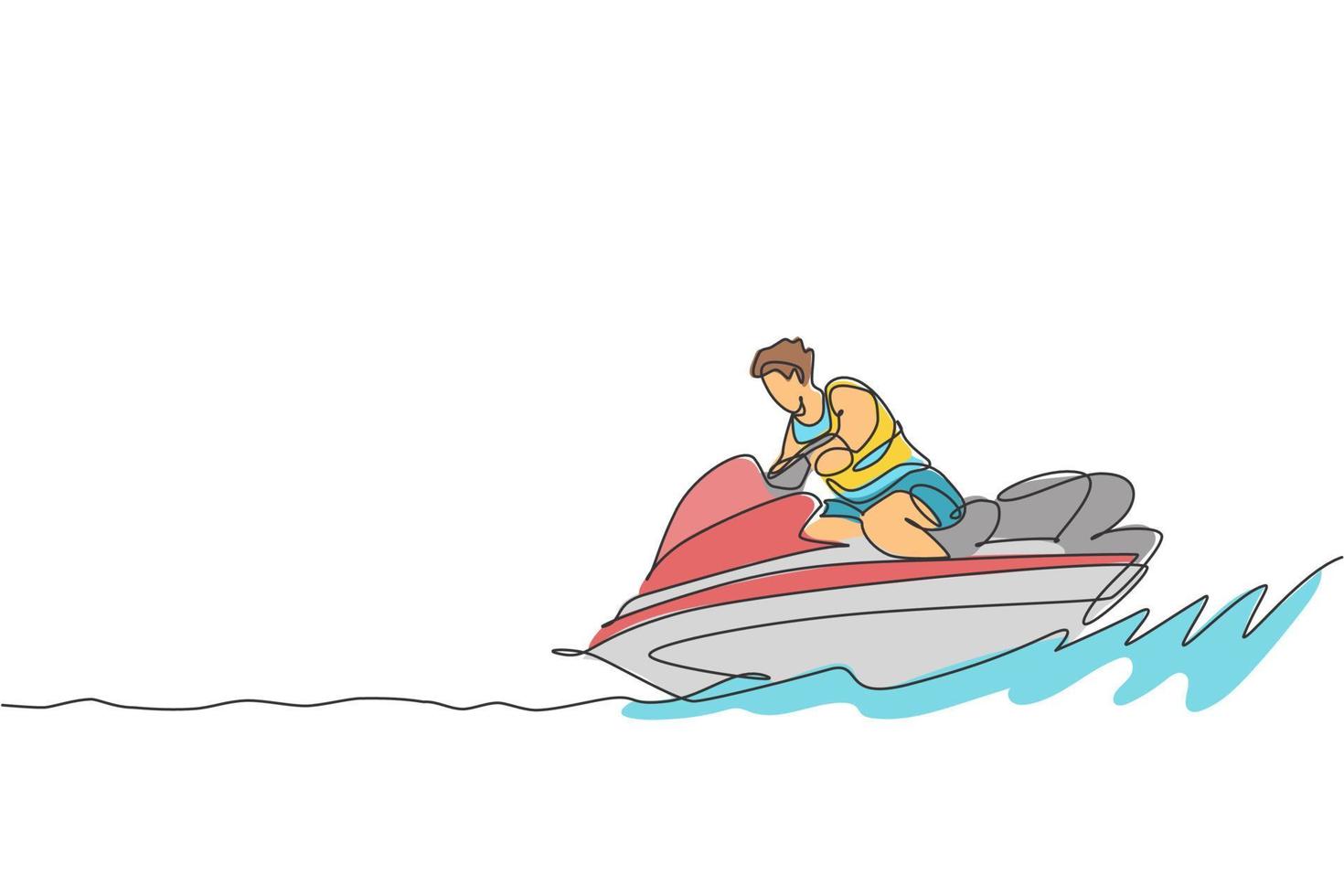 One single line drawing young sporty man play jet skiing in the sea beach graphic vector illustration. Healthy lifestyle and extreme sport concept. Summer vacation. Modern continuous line draw design