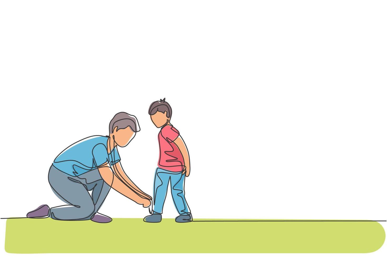 One single line drawing young father tying his son shoelaces before go to school, parenting time vector illustration. Happy family playing together concept. Modern continuous line graphic draw design
