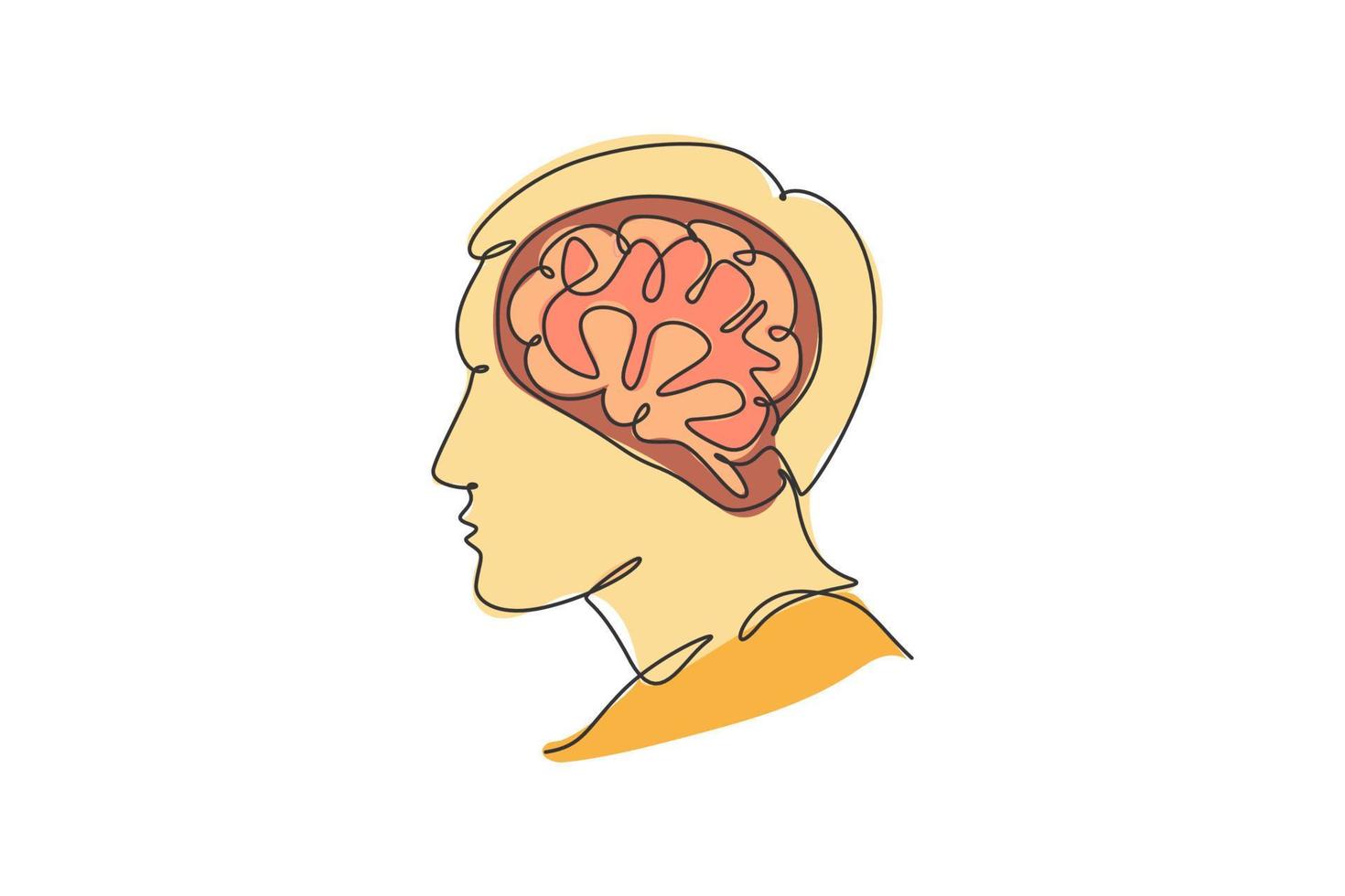 un dibujo de una sola línea de la cabeza humana con el cerebro dentro de la identidad del logotipo de la vista lateral. concepto de logotipo de icono de oficina de psicología. Ilustración de vector de diseño gráfico de dibujo de línea continua dinámica