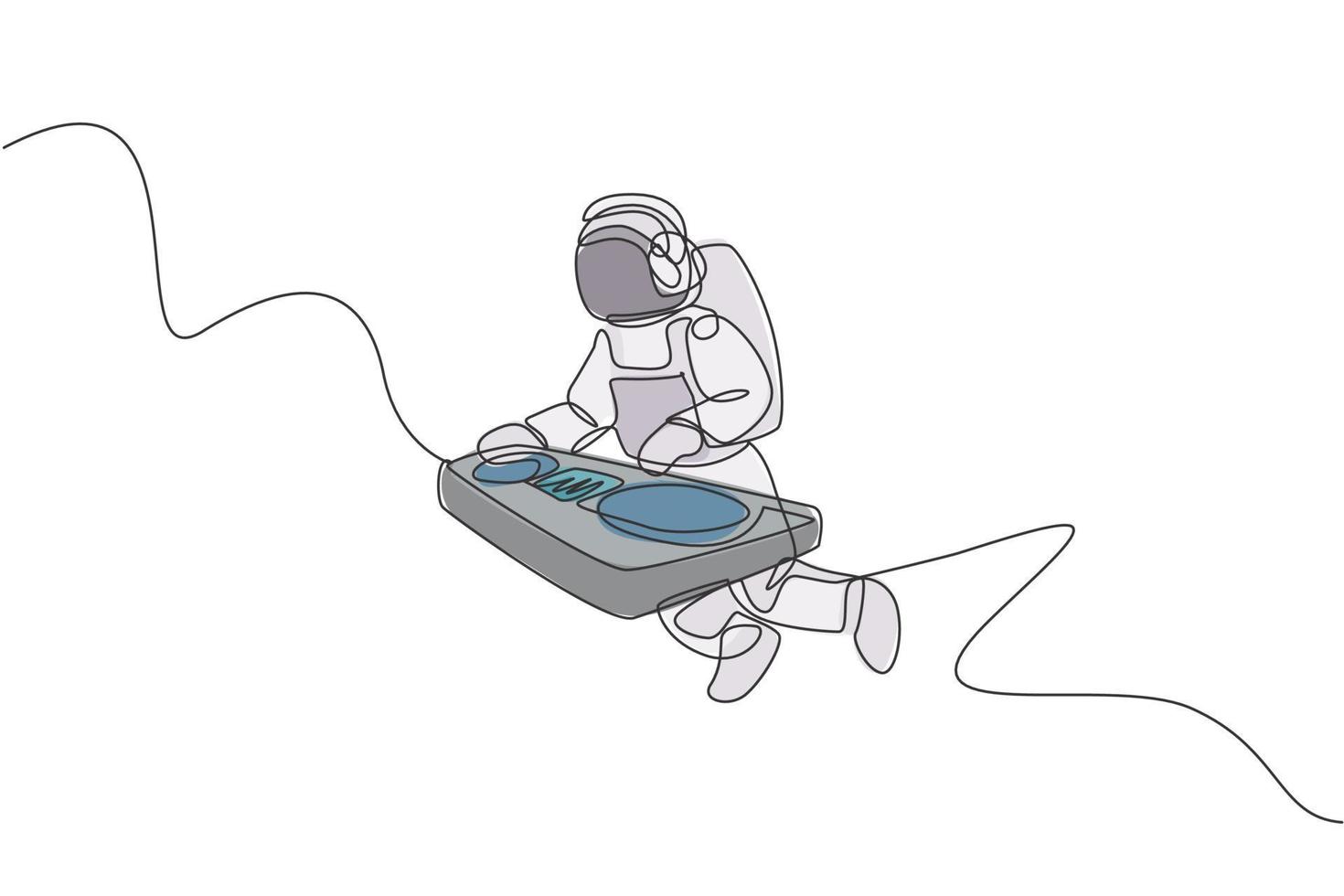 Single continuous line drawing of astronaut playing dj audio mixer musical instrument in cosmic galaxy. Outer space music concert concept. Trendy one line draw graphic design vector illustration