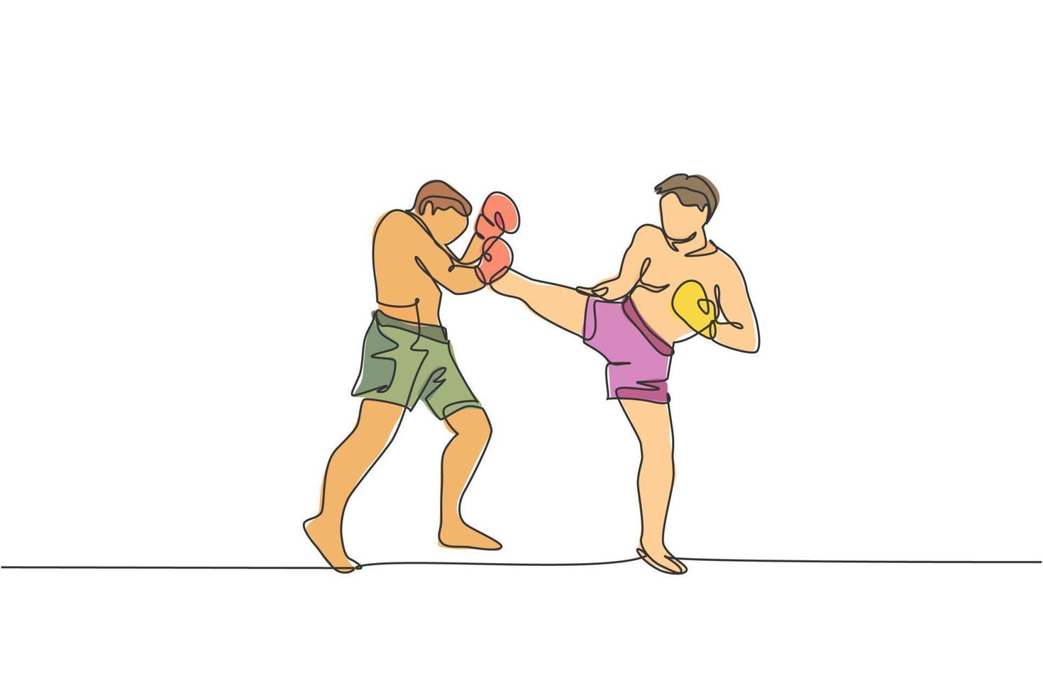 One single line drawing of young energetic man kickboxer practice with personal trainer in boxing arena vector graphic illustration. Healthy lifestyle sport concept. Modern continuous line draw design