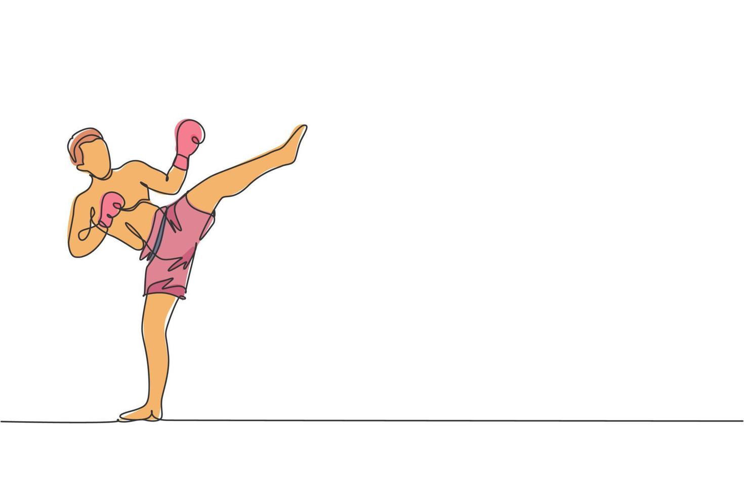 un dibujo de una sola línea de un joven enérgico kickboxer practica una postura de patada alta en la ilustración de vector gráfico de arena de boxeo. concepto de deporte de estilo de vida saludable. diseño moderno de dibujo de línea continua