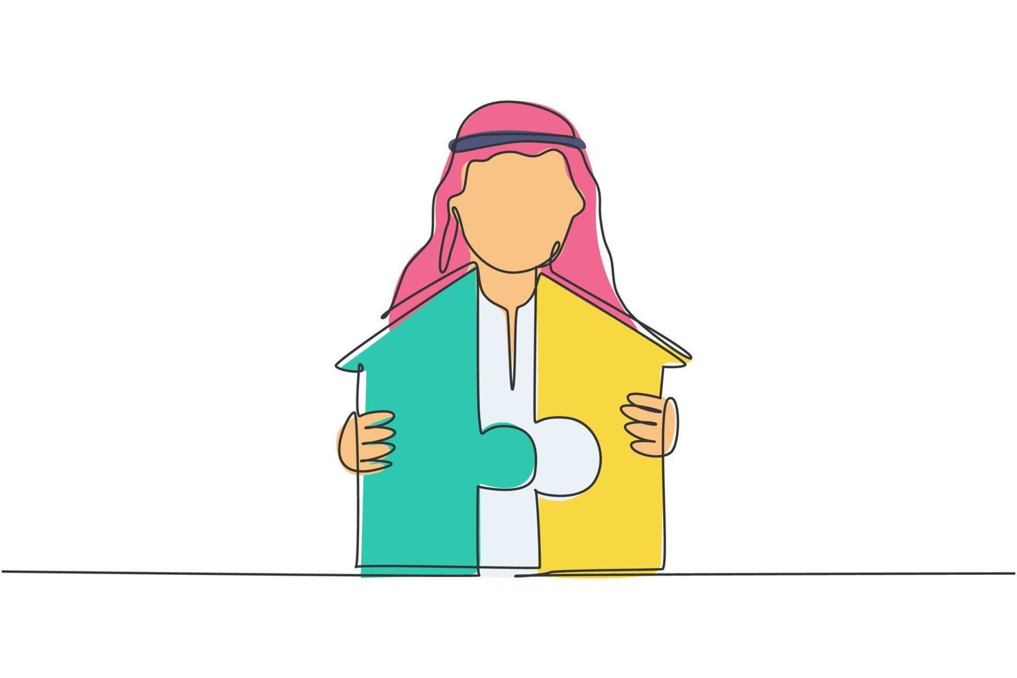 Continuous one line drawing young handsome Arab male worker unite puzzle piece to build house. Success business strategy minimalist concept. Trendy single line draw design vector graphic illustration