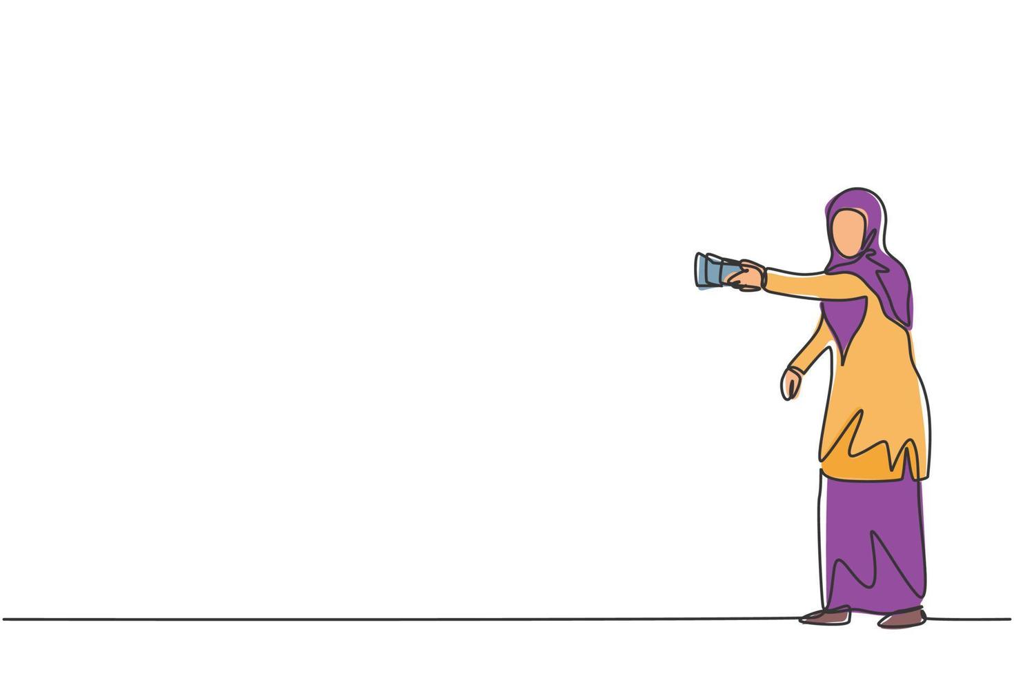 Continuous one line drawing of young Arabic female worker holding flashlight to walk carefully. Success business manager minimalist concept. Trendy single line draw design vector graphic illustration