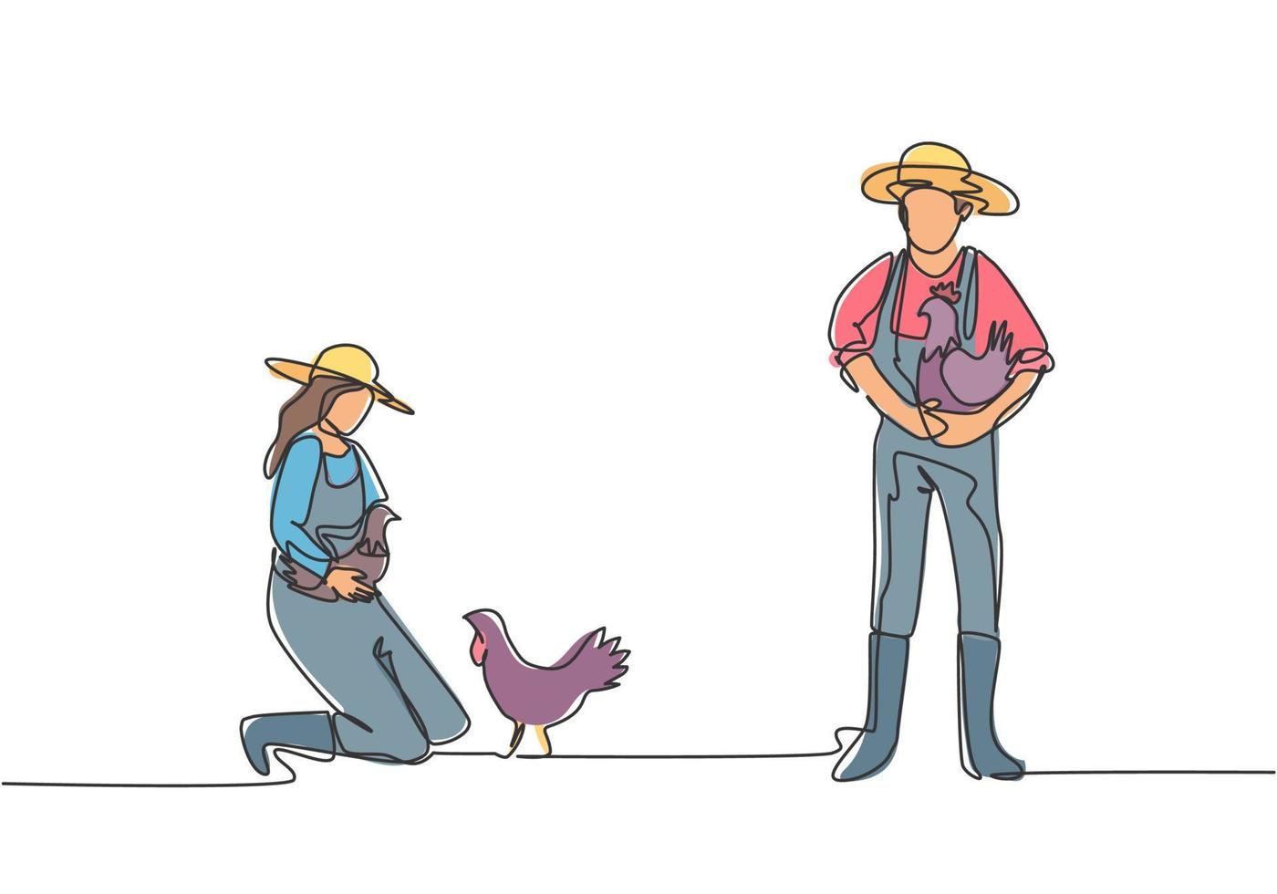 Single one line drawing of man farmer carried the chicken with both hands. The female farmer knelt down to pick up the chicken. Farming concept. Continuous line draw design graphic vector illustration