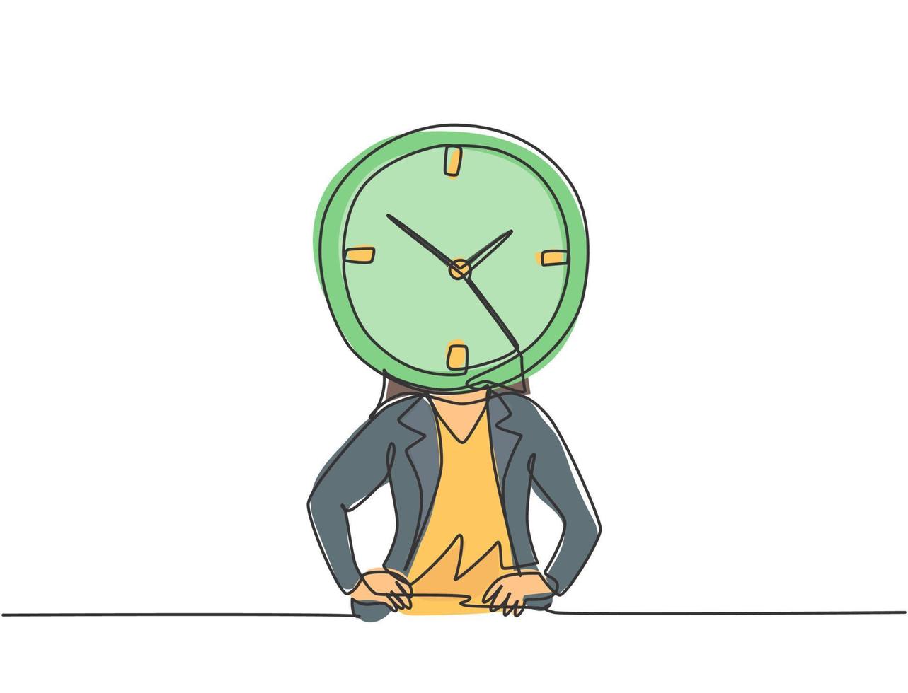 Single one line drawing of young business woman with analog clock head at the office. Business time discipline metaphor concept. Modern continuous line draw design graphic vector illustration.