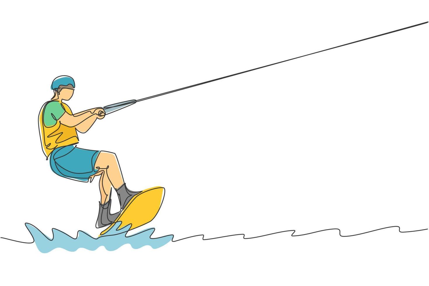 dibujo de una sola línea continua de un joven surfista deportivo jugando - en el mar. concepto de deporte marino extremadamente peligroso. vacaciones de verano. ilustración gráfica de vector de diseño de dibujo de una línea de moda