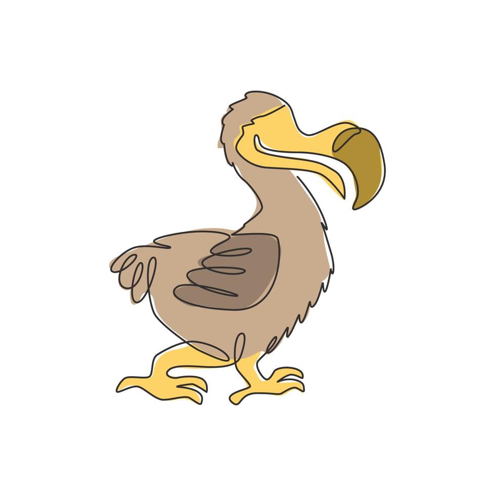 dibujo de línea continua única del adorable pájaro dodo lindo para la identidad del logotipo. concepto histórico de la mascota animal para el icono del zoológico nacional. Ilustración de vector de diseño gráfico de dibujo de una línea dinámica