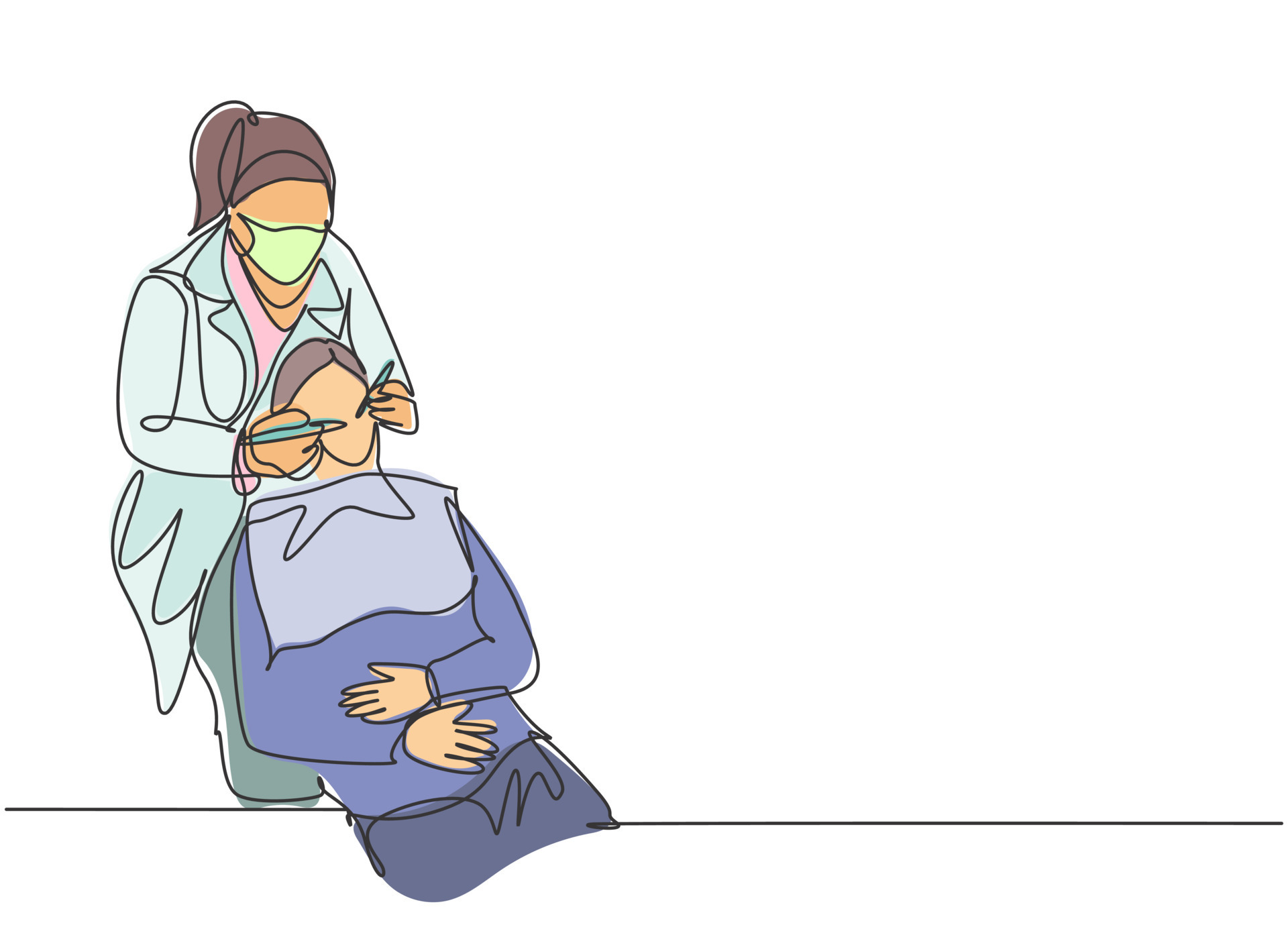 One single line drawing of young female dentist examining patient teeth