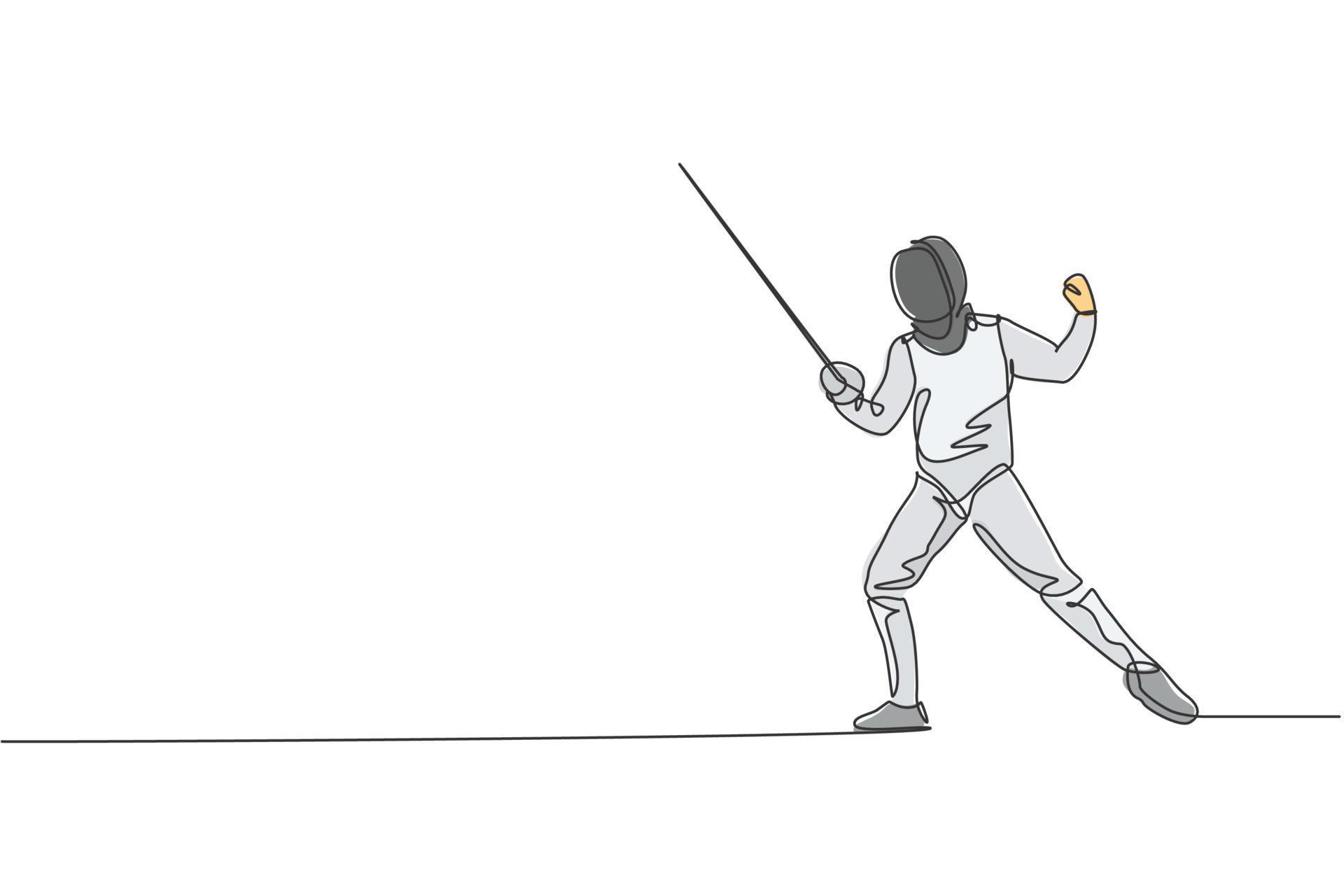 One continuous line drawing of young man fencing athlete practice