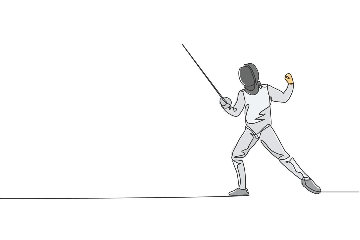 un dibujo de línea continua de un joven atleta de esgrima que practica peleas en un campo deportivo profesional. traje de esgrima y concepto de espada de sujeción. Ilustración de vector de diseño de dibujo de línea única dinámica