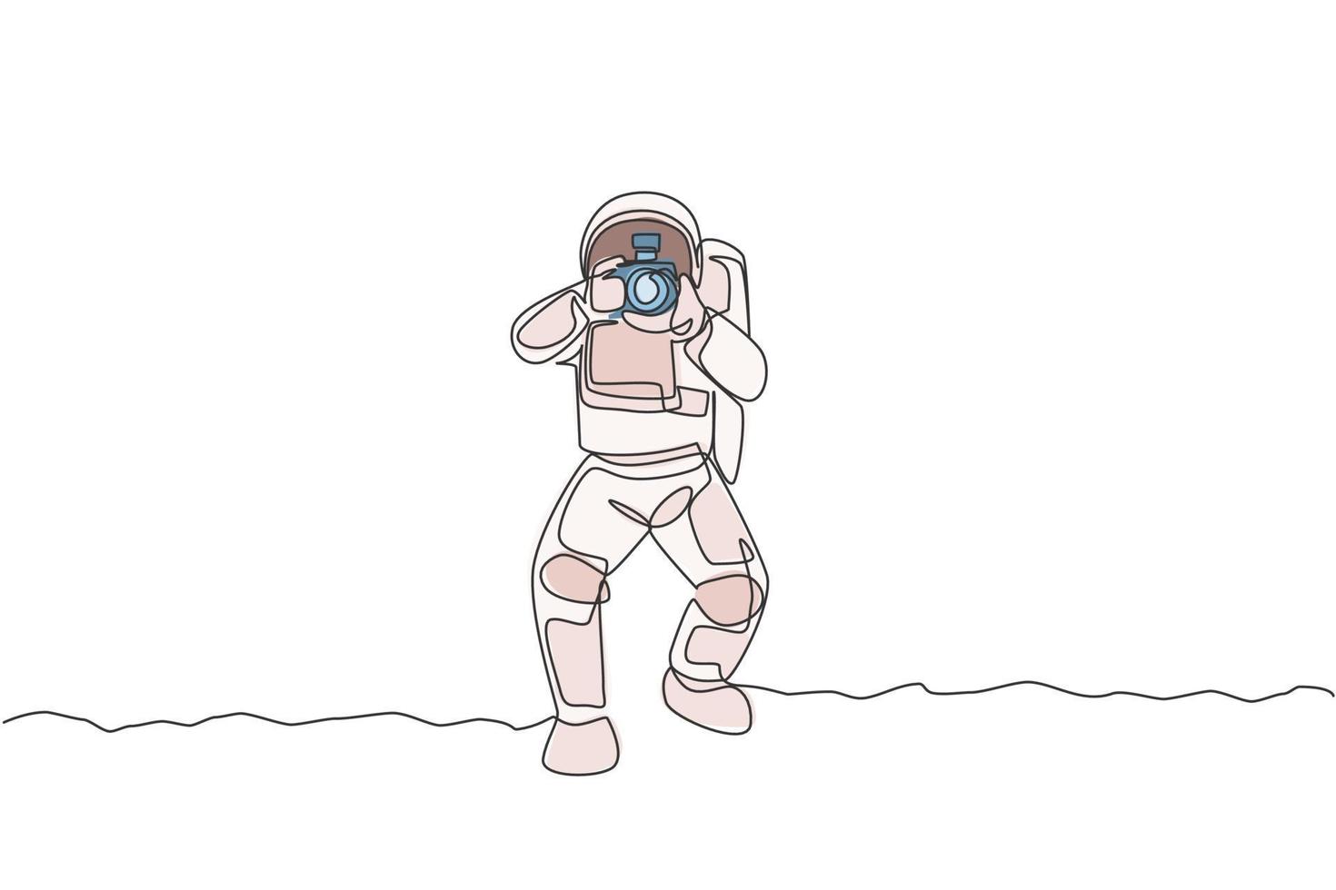 Astronauta de dibujo de línea continua única haciendo fotografía con cámara réflex digital en la superficie de la luna. divertirse en el tiempo libre en el concepto de espacio ultraterrestre. Gráfico de ilustración de vector de diseño de dibujo de una línea de moda