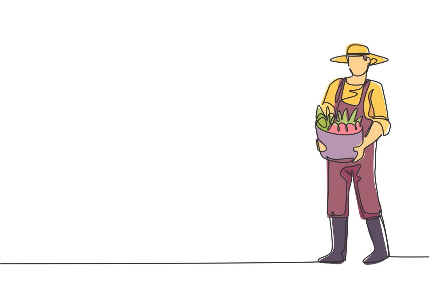 Continuous one line drawing young male farmer carrying a basket full of fruit with his hands in front of his chest. Farming minimalist concept. Single line draw design vector graphic illustration.