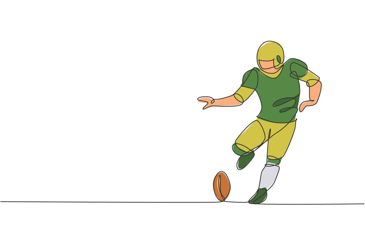 One continuous line drawing of young sporty american football player kicking the ball hard at arena for competition poster. Sport teamwork concept. Dynamic single line draw design vector illustration