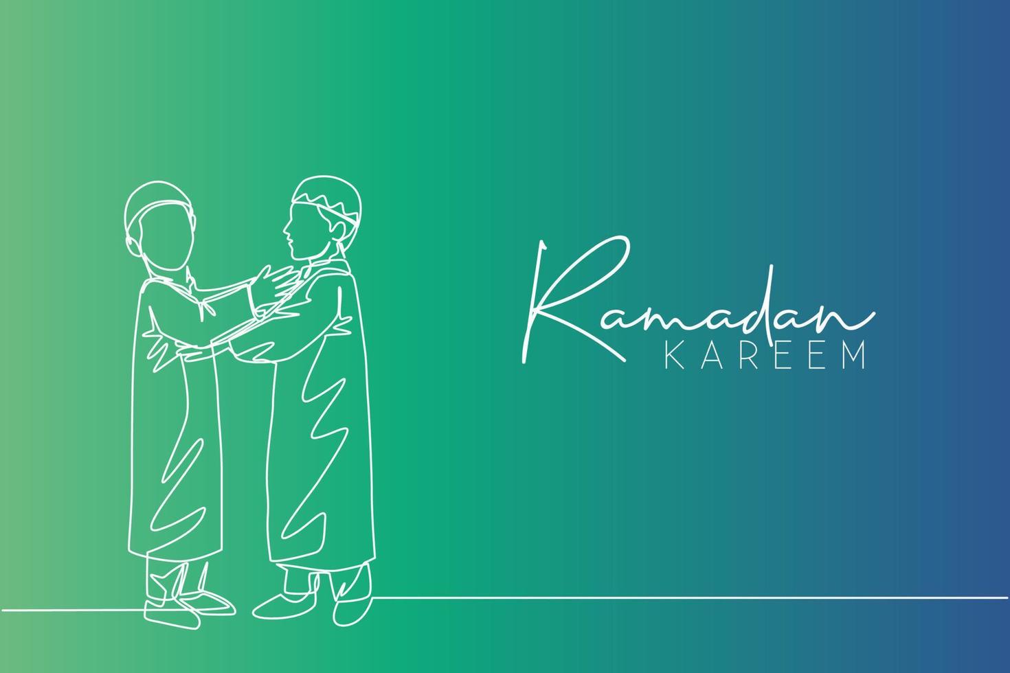 Ramadan Kareem greeting card, banner and poster design background. One continuous line drawing of two young muslim kids hugging to forgive each other. Islamic single line draw vector illustration