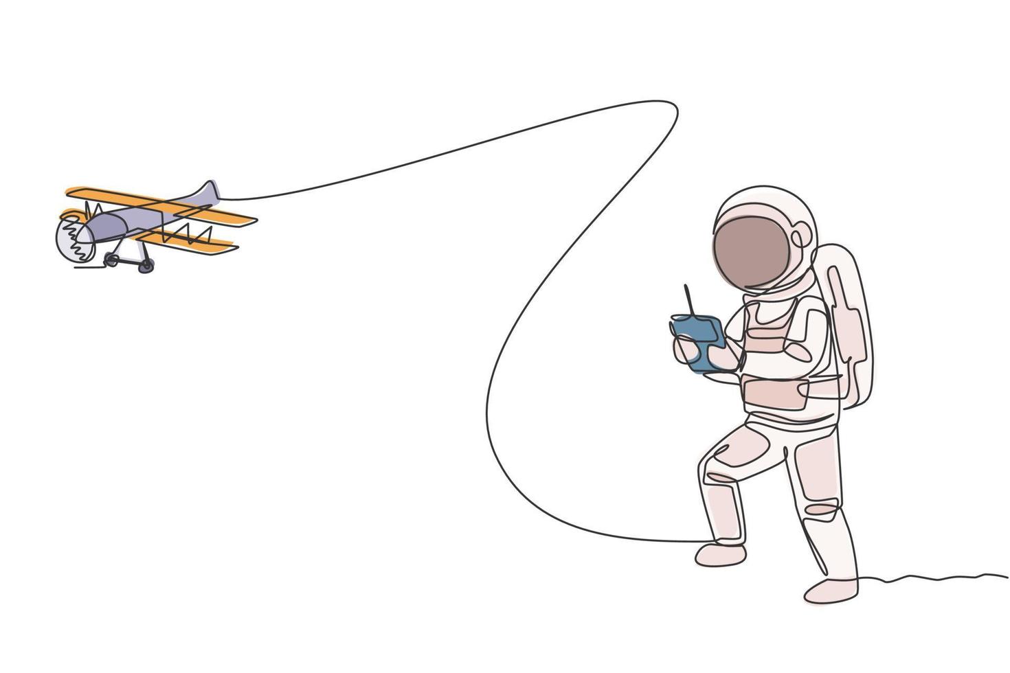 dibujo de una sola línea continua de un astronauta jugando al control de radio del avión en la superficie de la luna. divertirse en el tiempo libre en el concepto de espacio ultraterrestre. Gráfico de ilustración de vector de diseño de dibujo de una línea de moda