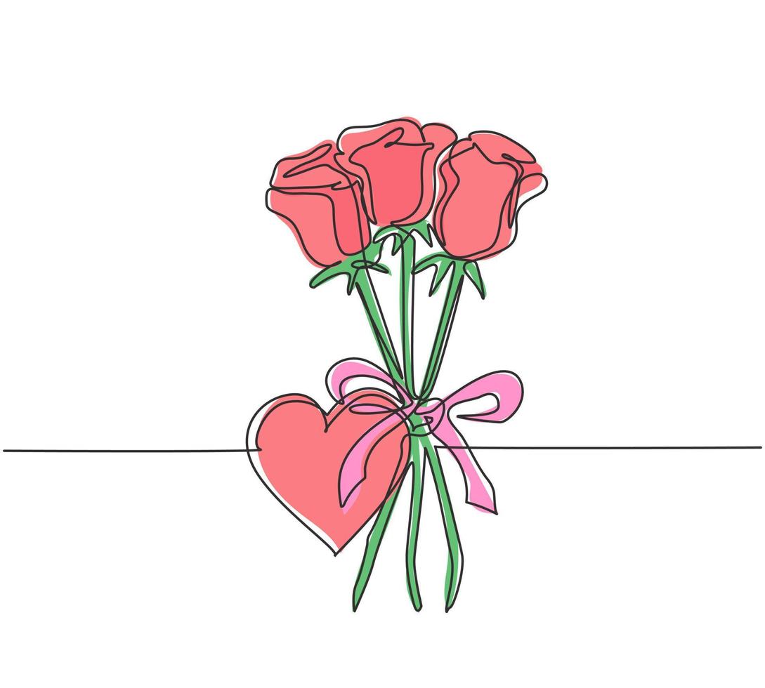 un dibujo de una sola línea de hermosos ramos de flores rosas con una tarjeta de felicitación en forma de corazón. invitación de moda, logotipo, pancarta, concepto de cartel ilustración de vector gráfico de diseño de dibujo de línea continua