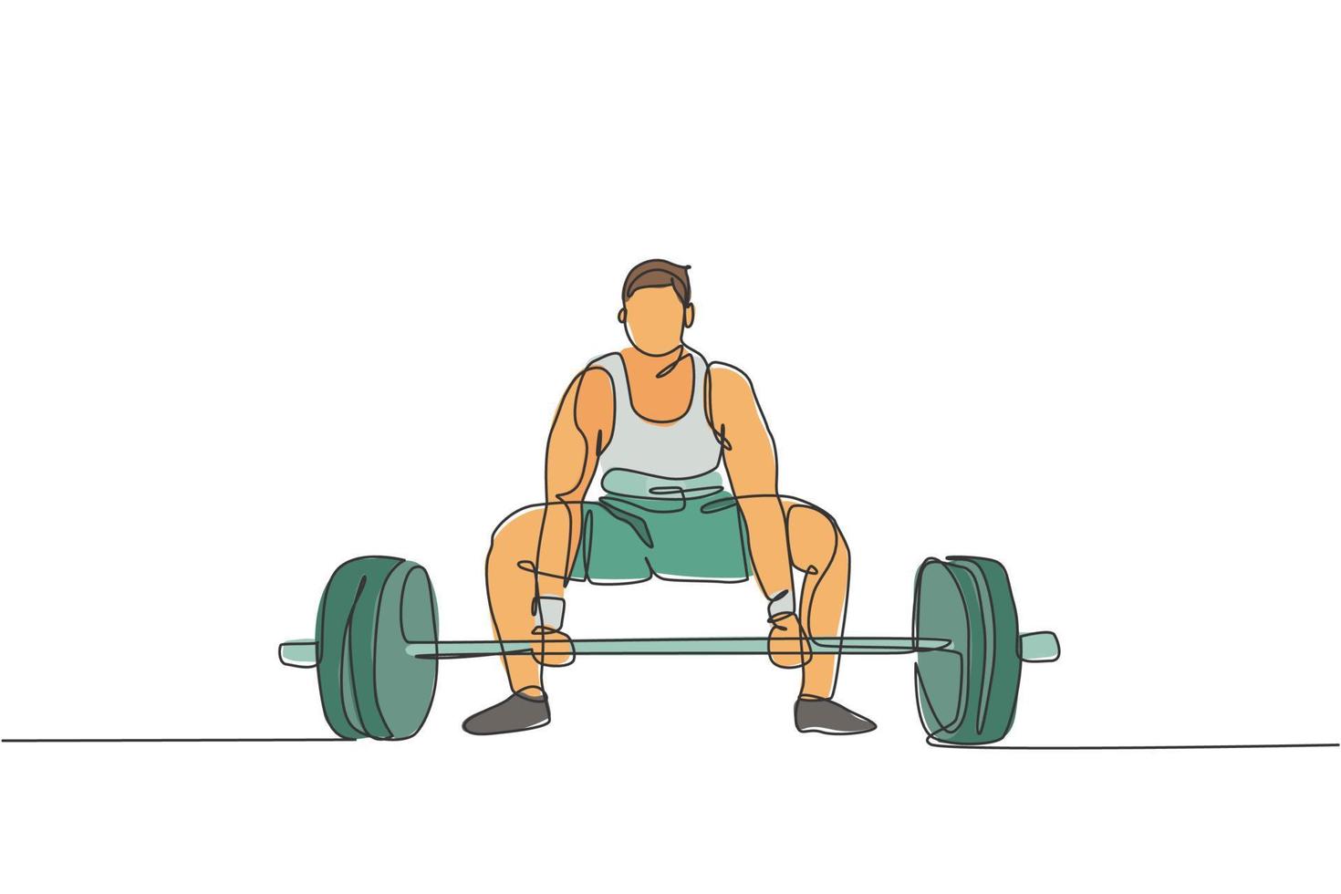 One continuous line drawing of young bodybuilder man doing exercise with a heavy weight bar in gym. Powerlifter train weightlifting concept. Dynamic single line draw design graphic vector illustration