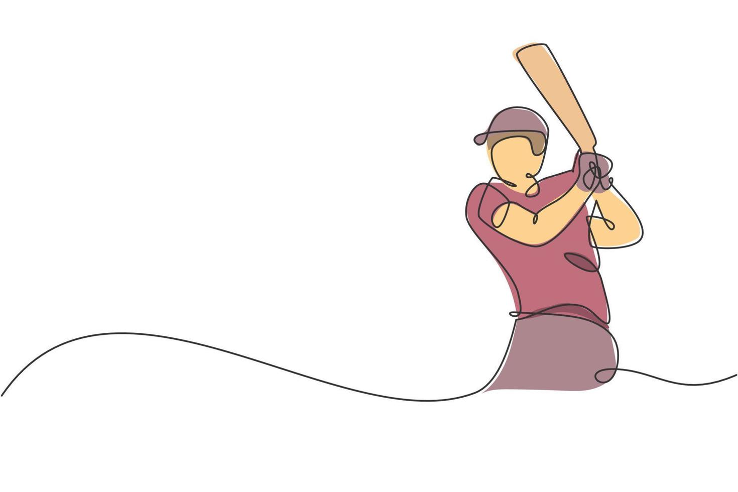 Single continuous line drawing of young agile man cricket player practicing hit the ball at field vector illustration. Sport exercise concept. Trendy one line draw design for cricket promotion media