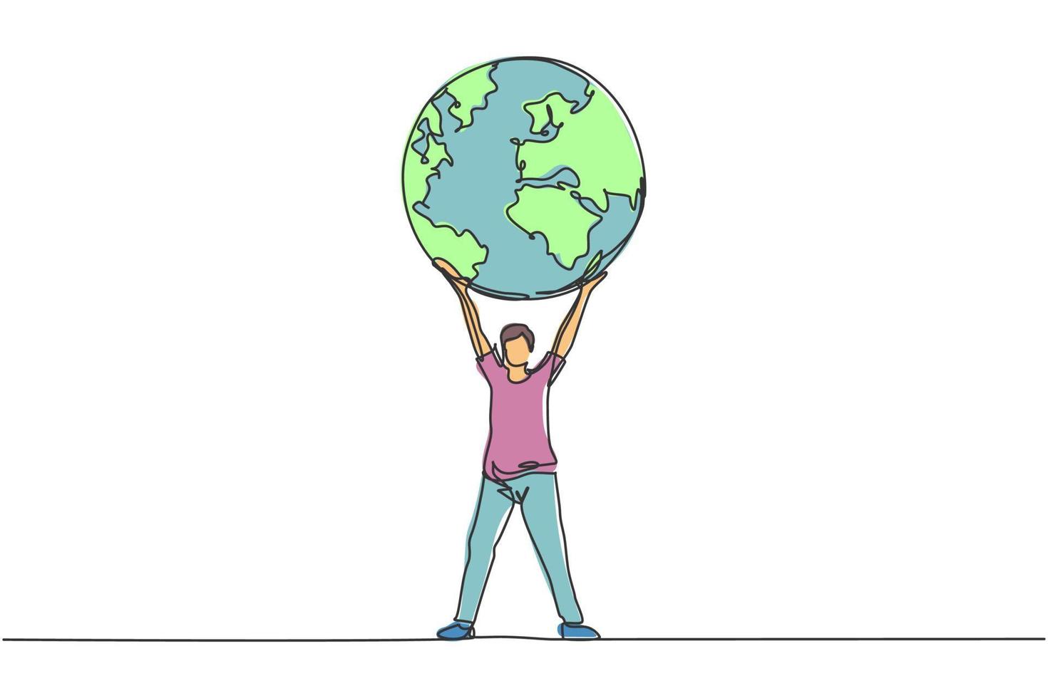 Continuous one line drawing of man holding globe earth minimalist vector illustration design on white background. Isolated simple line modern graphic style. Hand drawn graphic concept for save nature
