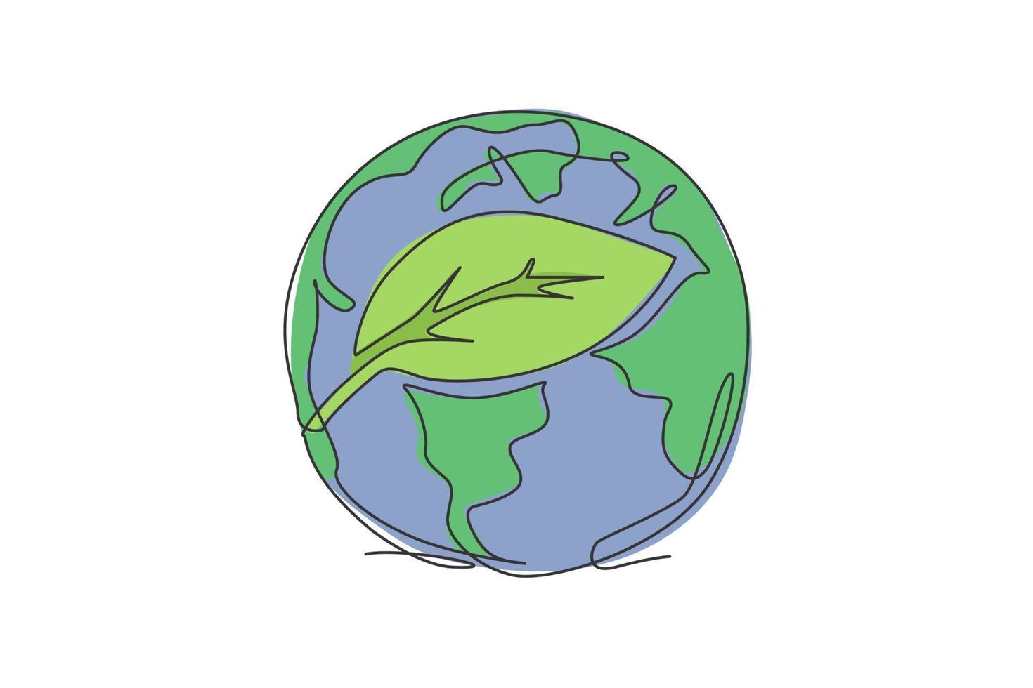 Single one line drawing of green leaf on globe earth. Leaf tree icon for green nature concept. Infographics, save environment campaign isolated on white background. Design vector graphic illustration