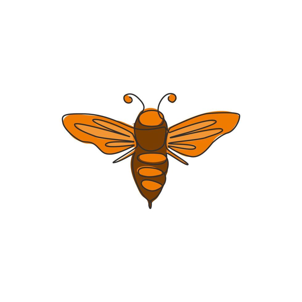 Single continuous line drawing of decorative bee for farm logo identity. Honeycomb producer icon concept from wasp animal shape. One line draw vector design graphic illustration