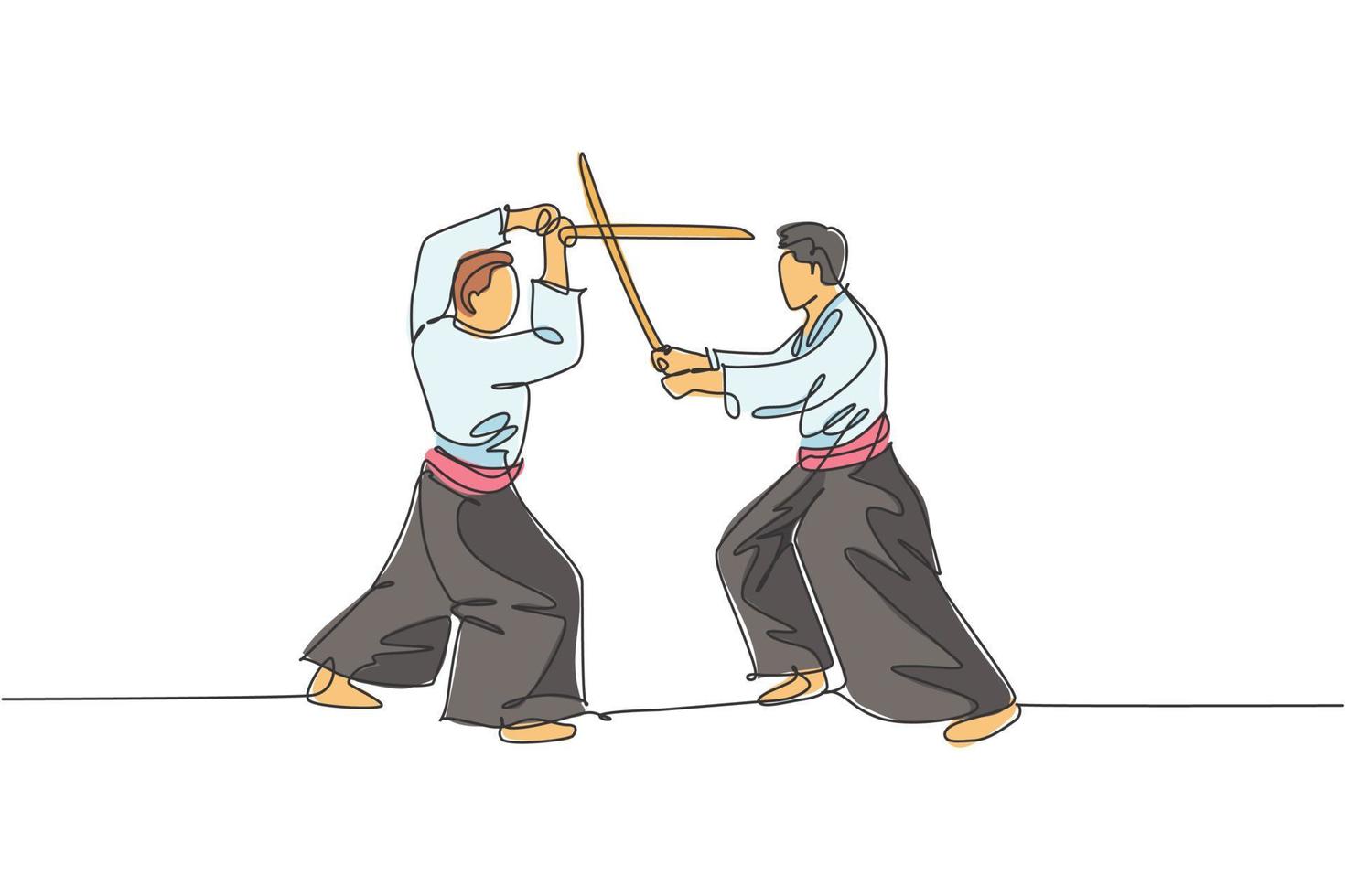 Single continuous line drawing of two sportive men wearing kimono practice aikido sparring fight technique with wooden sword. Japanese martial art concept. One line draw design vector illustration