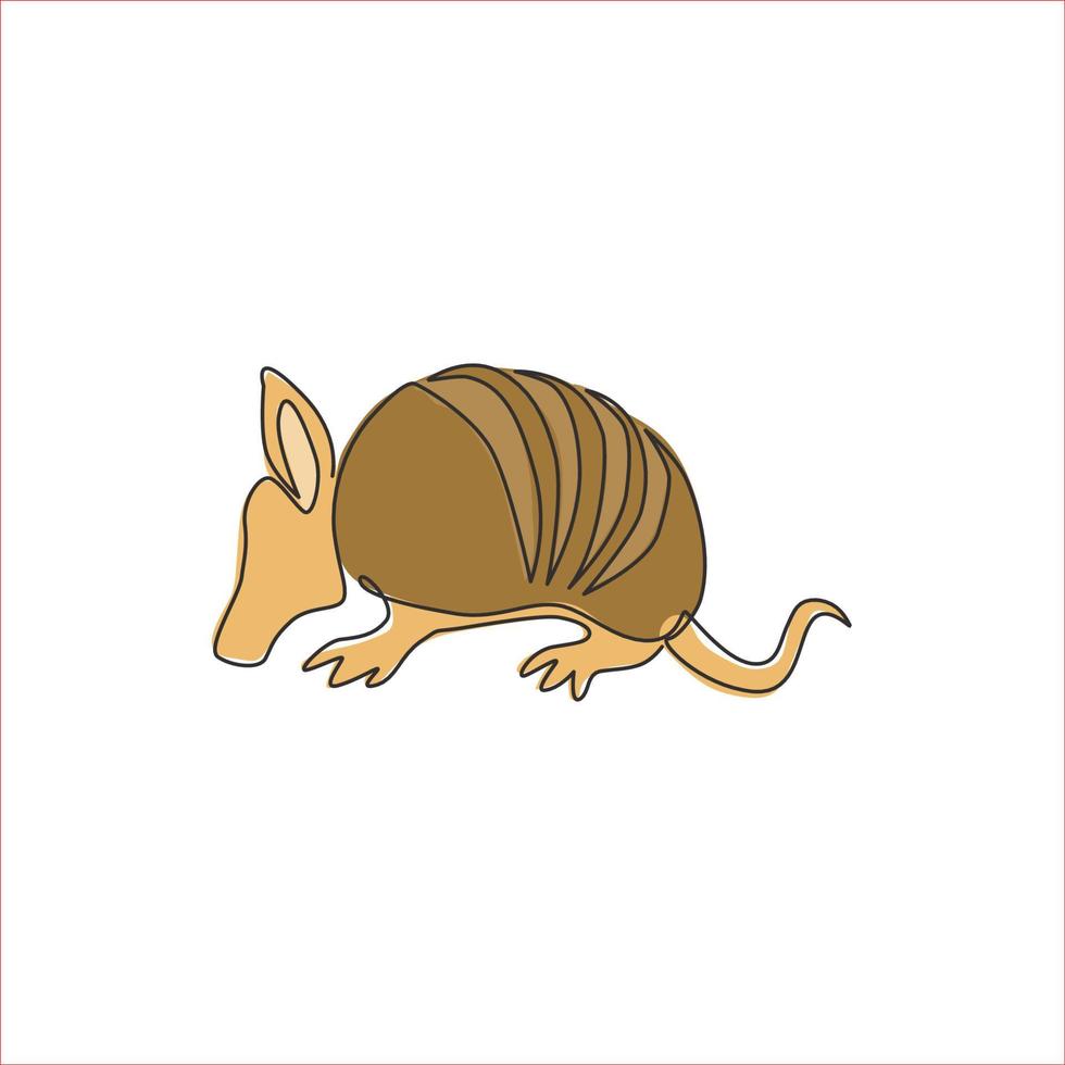 One continuous line drawing of cute armadillo for company logo identity. Xenarthra mammal mascot concept for national zoo icon. Modern single line draw design vector graphic illustration