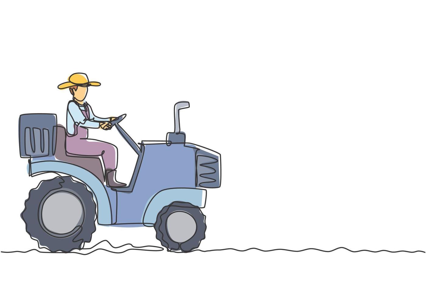 Single continuous line drawing young male farmer drive a tractor to plow the fields. Start a new planting period. Farming minimalism concept. Dynamic one line draw graphic design vector illustration.