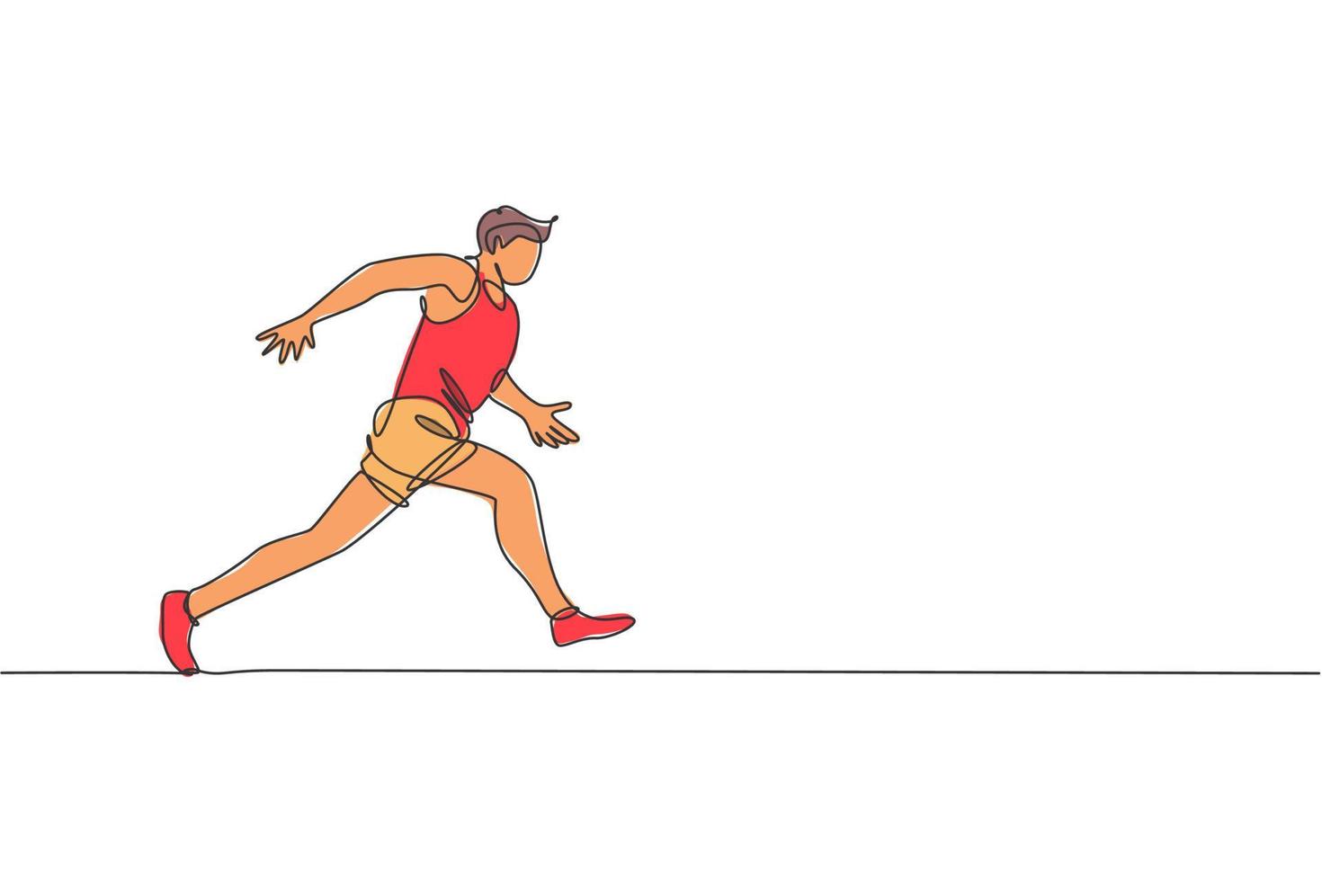 One continuous line drawing of young sporty man runner focus running on run track. Health activity sport concept. Dynamic single line draw design vector illustration for running event promotion poster