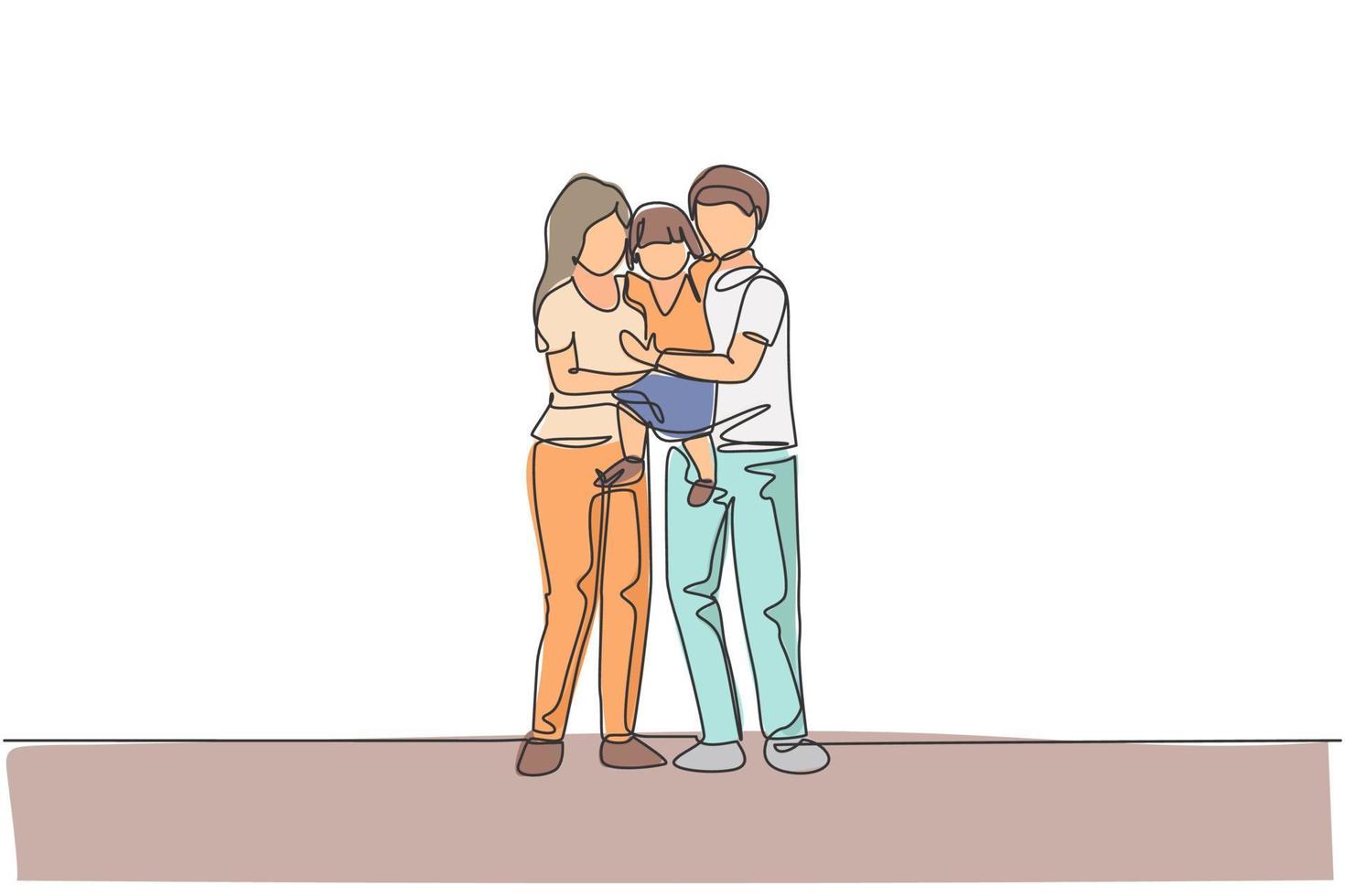 Single continuous line drawing of young happy mom and dad carrying their lovely daughter full of warmth together. Happy family concept. Trendy one line draw design vector graphic illustration