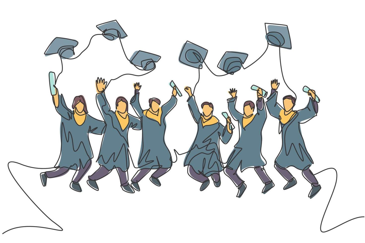 One line drawing group of young happy graduate male and female college student jumping wear gown and giving thumbs up gesture. Education concept continuous line draw graphic design vector illustration