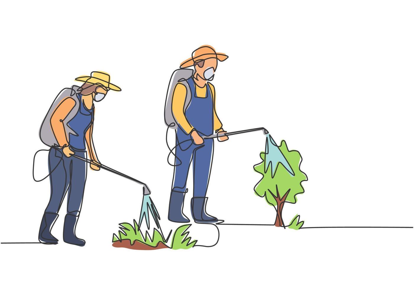 dibujo de una sola línea de una pareja de agricultores con una máscara que rocía las plantas con un pulverizador desinfectante. concepto de minimalismo agrícola. Ilustración de vector gráfico de diseño de dibujo de línea continua