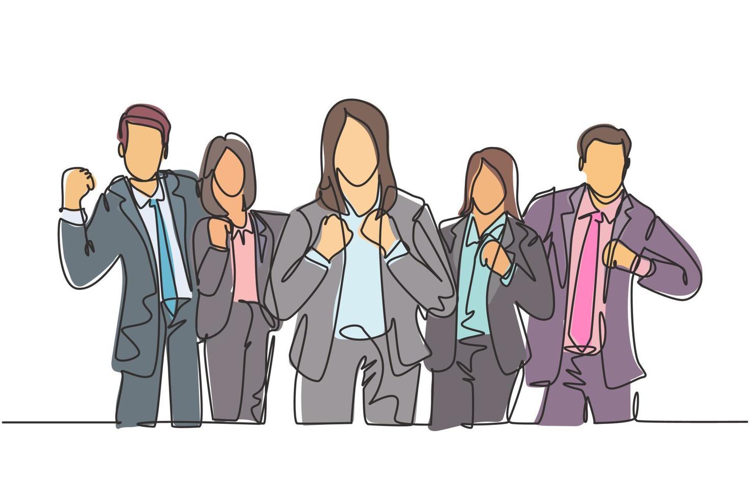 One continuous line drawing group of businessman and businesswoman line up celebrates their successful project while fist hands. Business teamwork concept single line draw design vector illustration