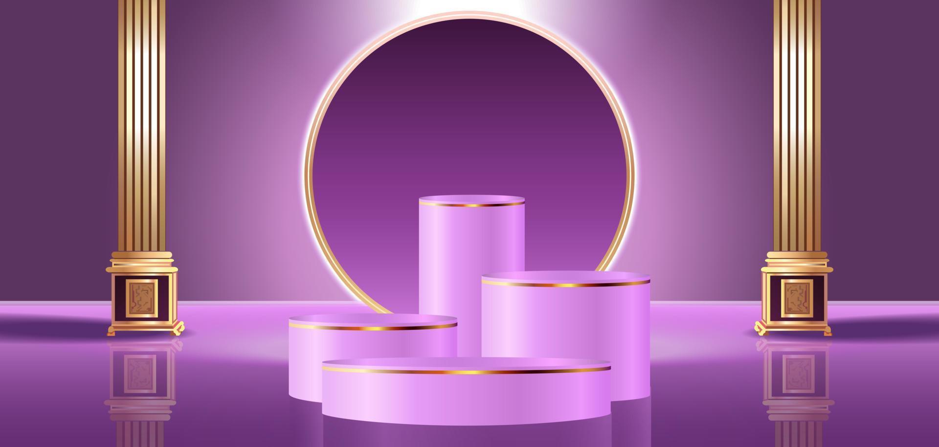Abstract light purple,gold cylinder pedestal podium. luxury abstract room concept with glowing neon curve lighting line. Vector rendering 3d background, Mockup product display.