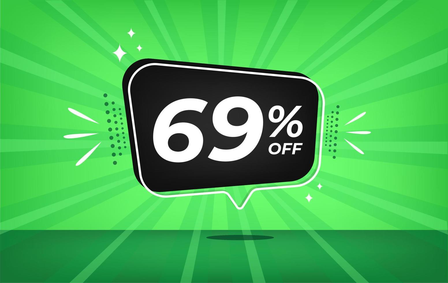 69 percent off. Green banner with sixty-nine percent discount on a black balloon for mega big sales. vector