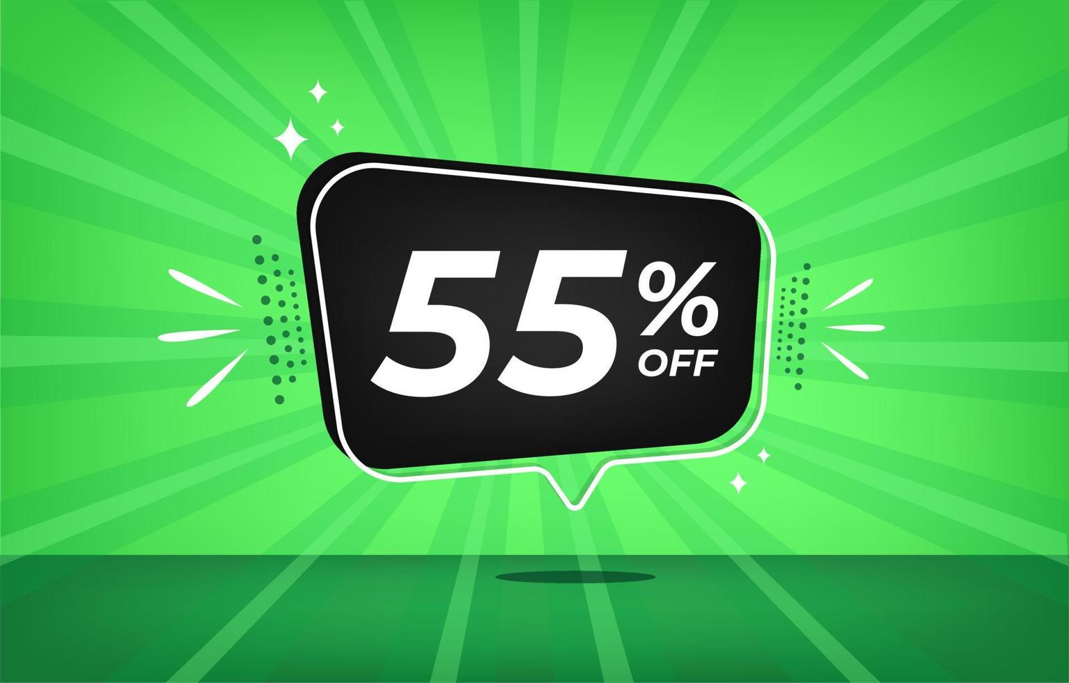 55 percent off. Green banner with fifty-five percent discount on a black balloon for mega big sales. vector
