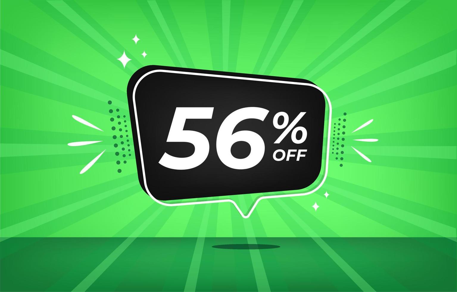 56 percent off. Green banner with fifty-six percent discount on a black balloon for mega big sales. vector