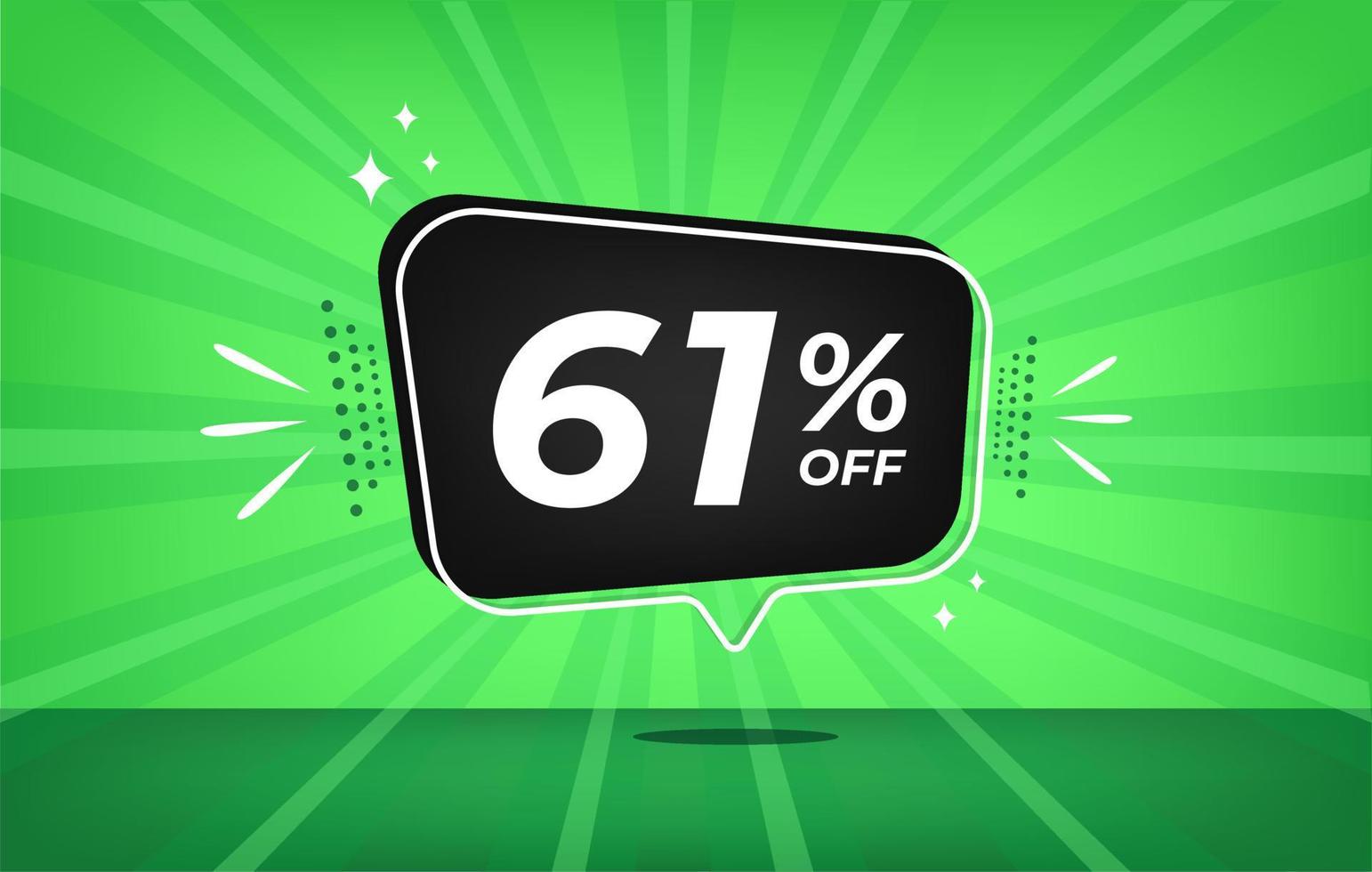 61 percent off. Green banner with sixty-one percent discount on a black balloon for mega big sales. vector