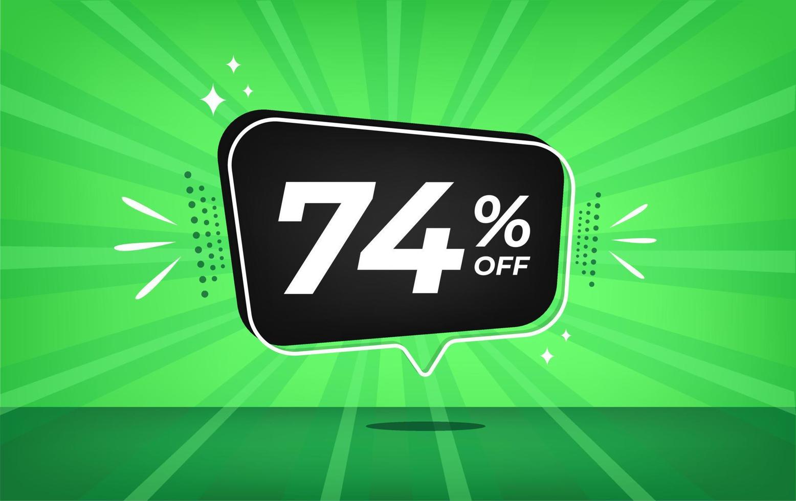 74 percent off. Green banner with seventy-four percent discount on a black balloon for mega big sales. vector